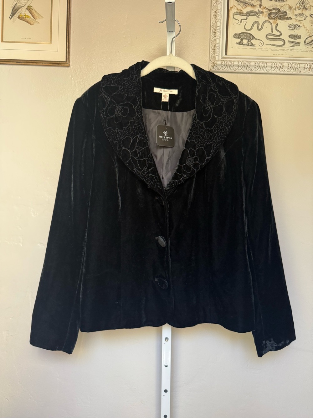 Vintage Witchy JM Collection Black Velvet Embroidered Collar Jacket Size 12
